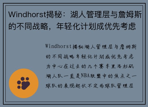 Windhorst揭秘：湖人管理层与詹姆斯的不同战略，年轻化计划成优先考虑